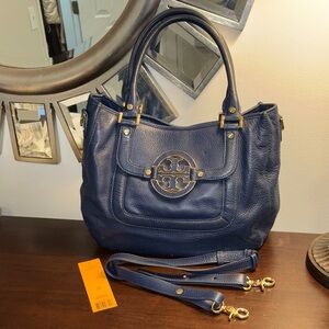 Tory Burch Amanda Blue/navy Hobo Bag with Metallic Logo & shoulder strap